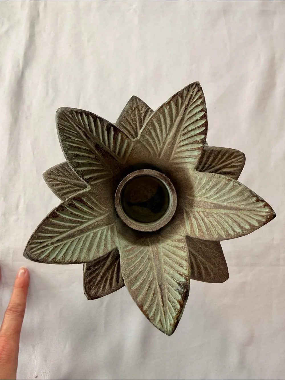 Vintage Verdigris Tropical Palm Tree Candle Holder Heavy